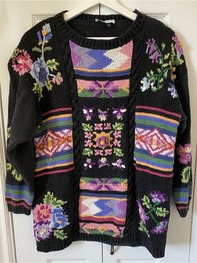 Jennifer Reed  Vintage 80 90 Floral Embroidery Chunky Cotton Linen Pullover M